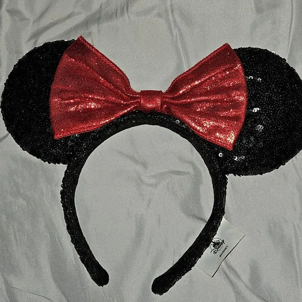 Disney Minnie Mouse Sequin Ear Headband Black Red Bow Cartoon Party Accessory